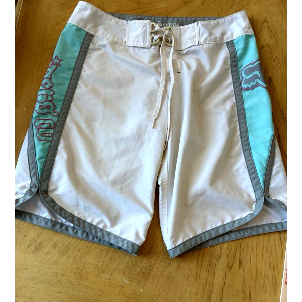 Y2K fox riders women 3 board Swim shorts Bermuda Surf Skate moto Turquoise White